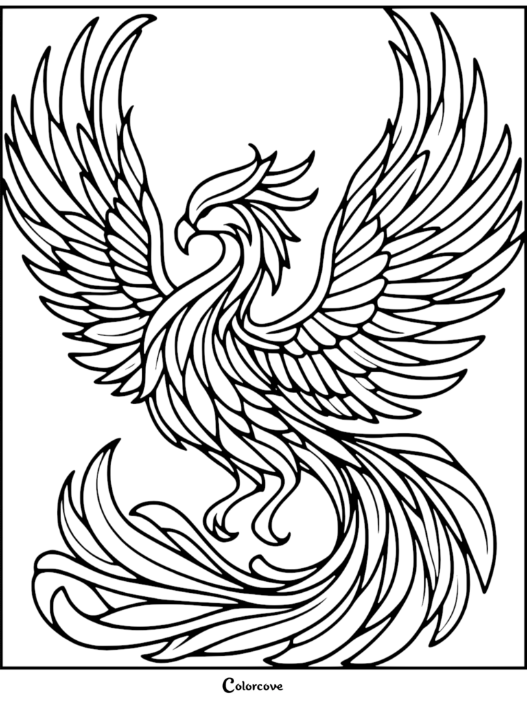 A detailed phoenix coloring page featuring a mythical bird with expansive wings and long flowing tail feathers.