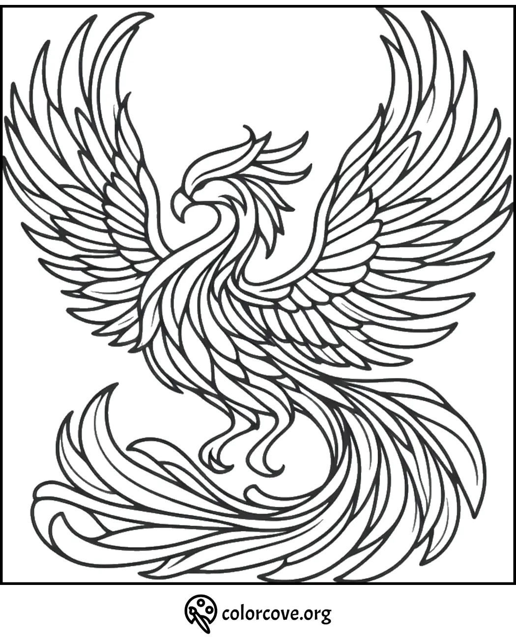 Intricate Phoenix coloring page with detailed feathers and outspread wings for creative therapy and relaxation.