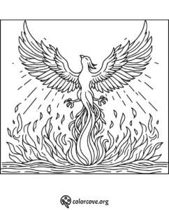 Coloring page of a phoenix rising from flames with its wings spread wide, ready to be colored. Visit colorcove.org for more.