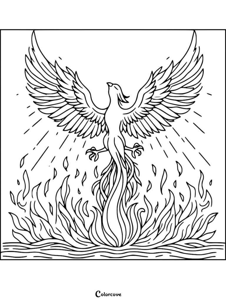 A majestic phoenix rising from flames with wings spread wide in this detailed coloring page.