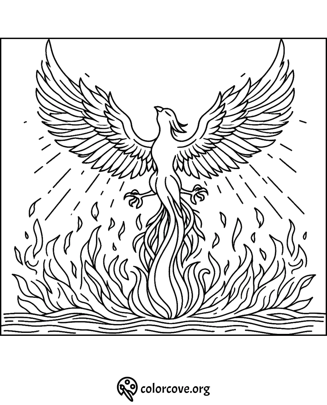 Coloring page of a phoenix rising from flames with its wings spread wide, ready to be colored. Visit colorcove.org for more.