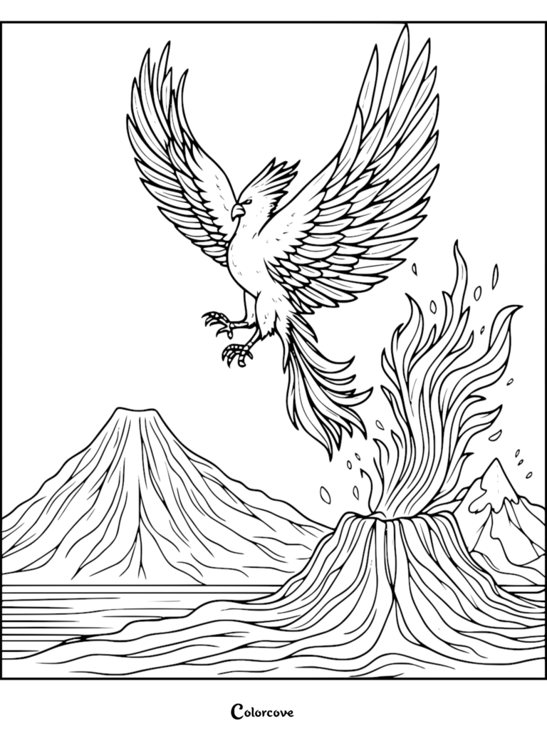A majestic phoenix with large wings spread wide flying above an erupting volcano in this detailed coloring page.
