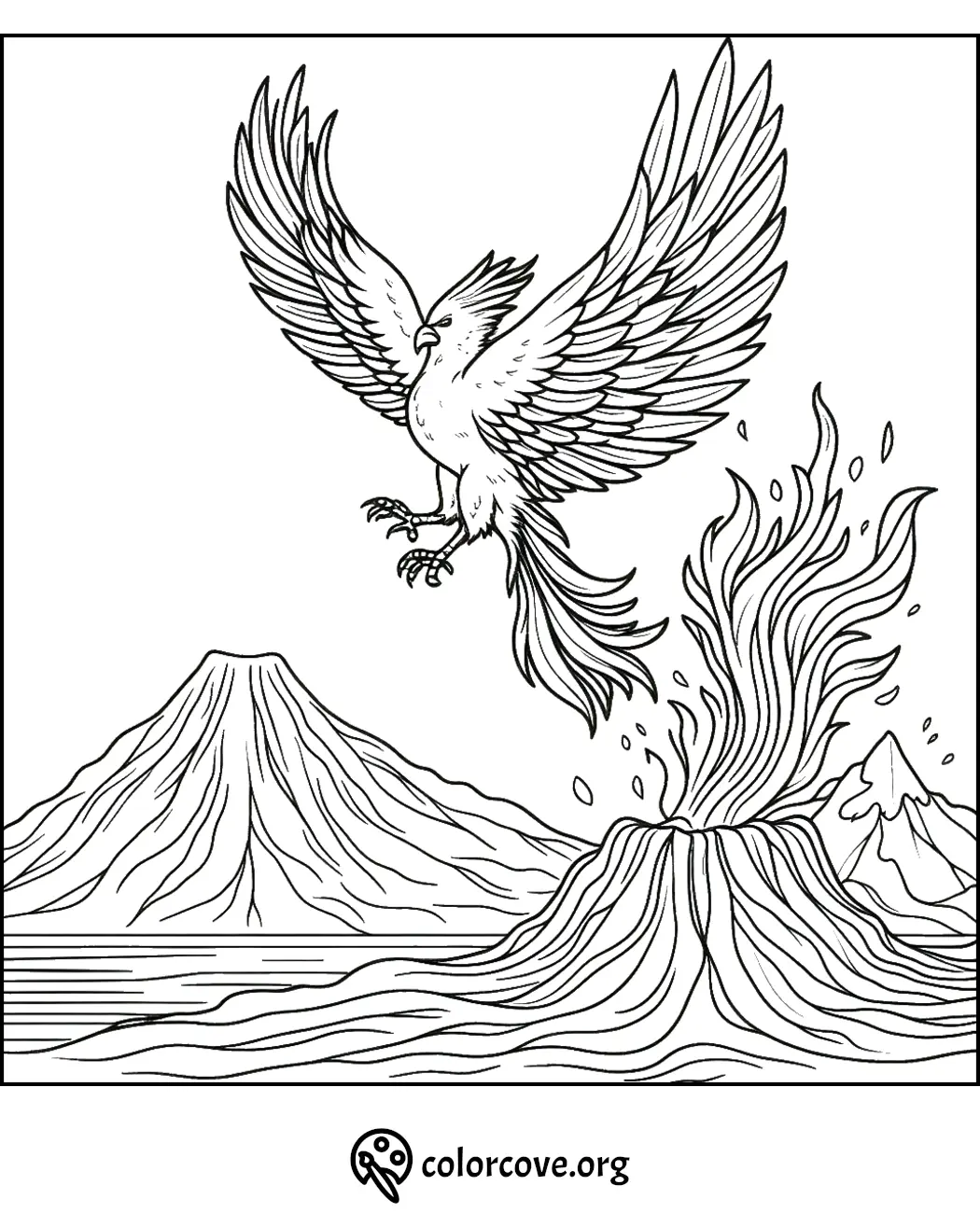 Phoenix rising from a volcano with mountains in the background. Detailed coloring page available at colorcove.org.