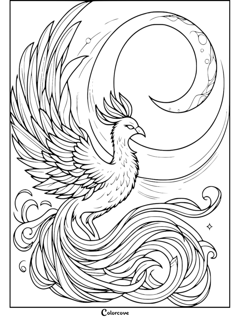 A majestic phoenix with flowing tail feathers and a crest, flying in front of a large crescent moon in this detailed line art coloring page.