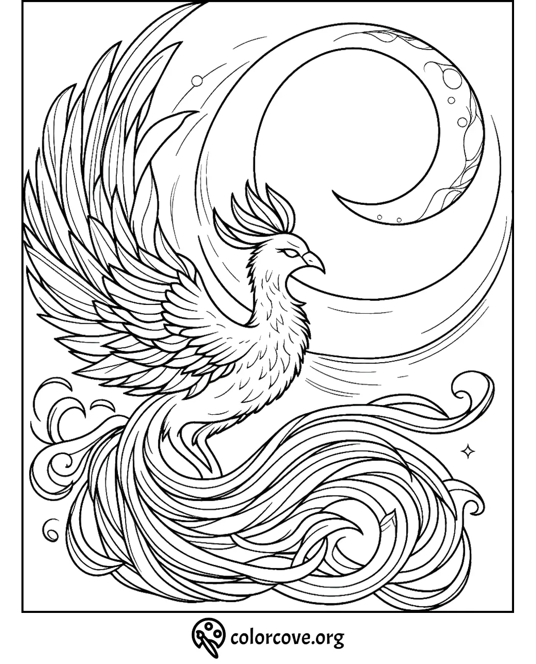 Phoenix coloring page with intricate details and a crescent moon background, perfect for kids and adults to color.