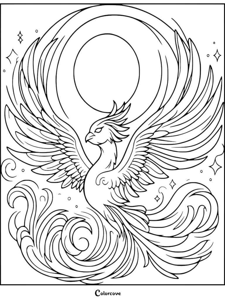 A detailed phoenix coloring page featuring a mythical bird with expansive wings, flowing tail feathers, and a glowing sun background with sparkling stars.