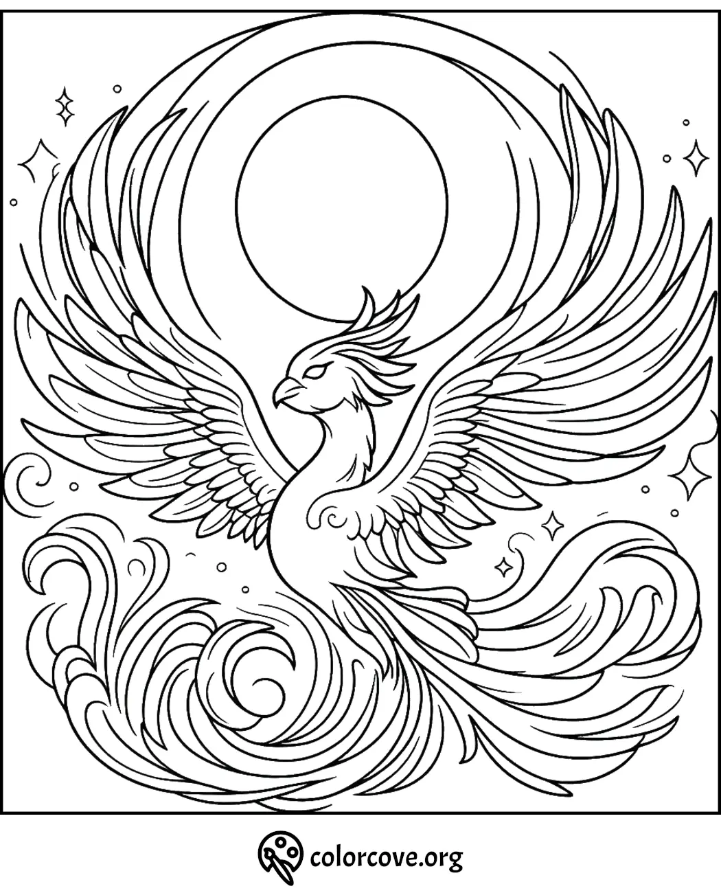 Majestic phoenix coloring page with spread wings and decorative patterns, ideal for stress relief and artistic creativity.