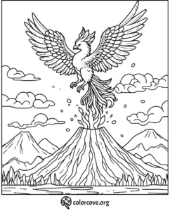 Coloring page of a mythical phoenix rising from an erupting volcano with mountains and clouds in the background.