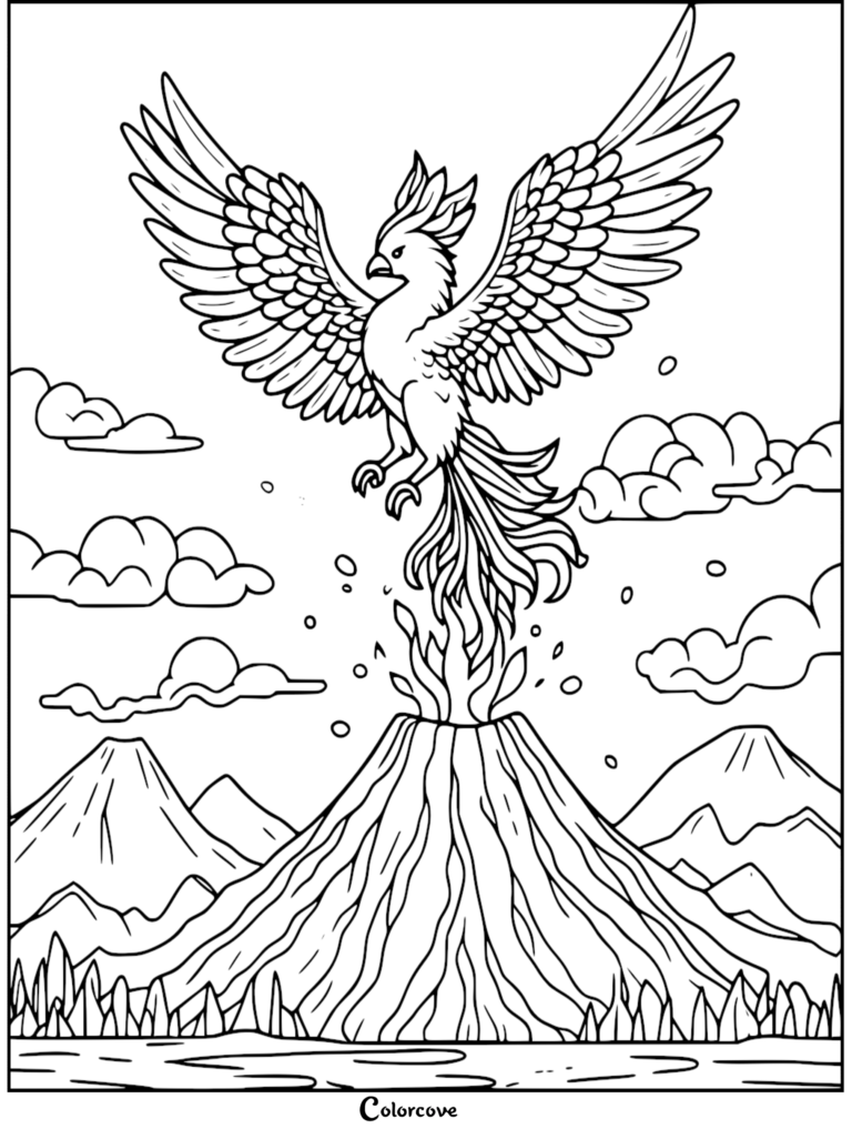 A majestic phoenix with large wings spread wide, rising from the crater of an erupting volcano, featured in a detailed line art coloring page.