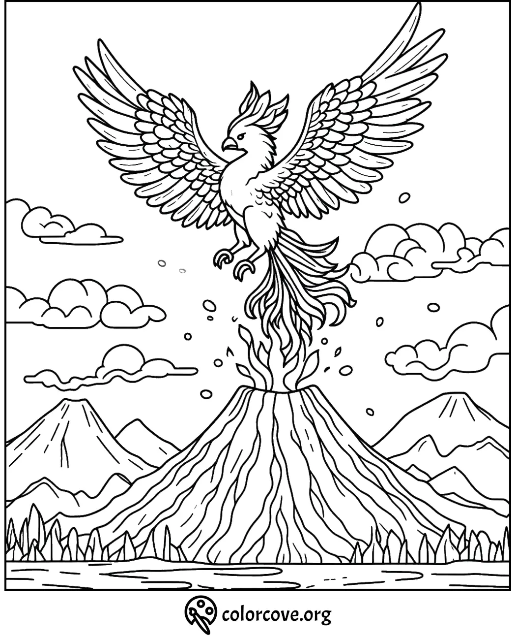 Coloring page of a mythical phoenix rising from an erupting volcano with mountains and clouds in the background.