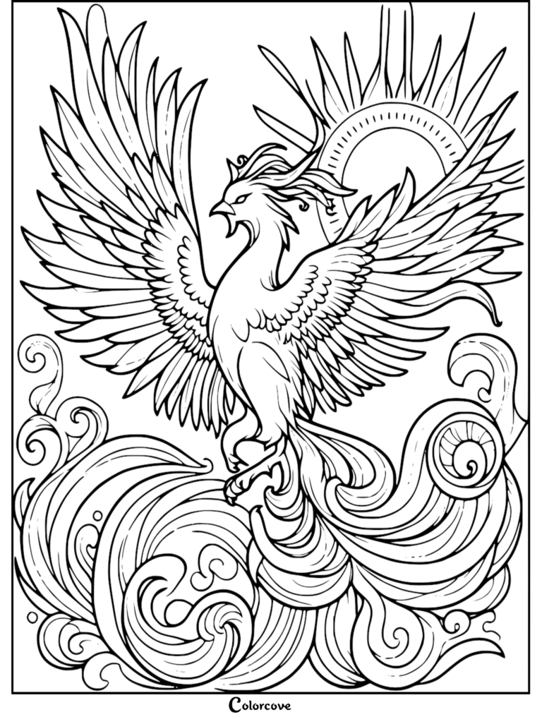 A detailed coloring page featuring a phoenix with expansive wings rising above swirling flames and a radiant sun.