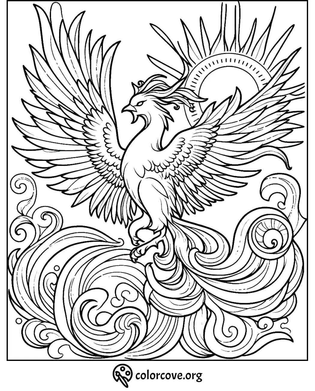 Coloring page depicting a majestic phoenix rising amid swirling flames with outspread wings and a radiant sun in the background.