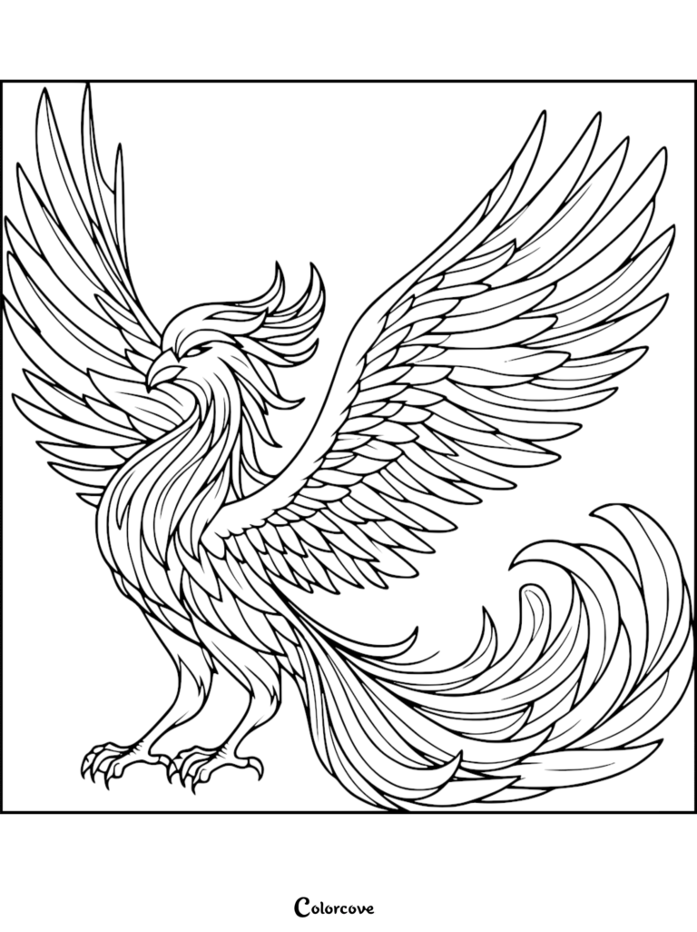 A detailed line art coloring page of a mythical phoenix with expansive feathered wings and a long flowing tail standing in profile.