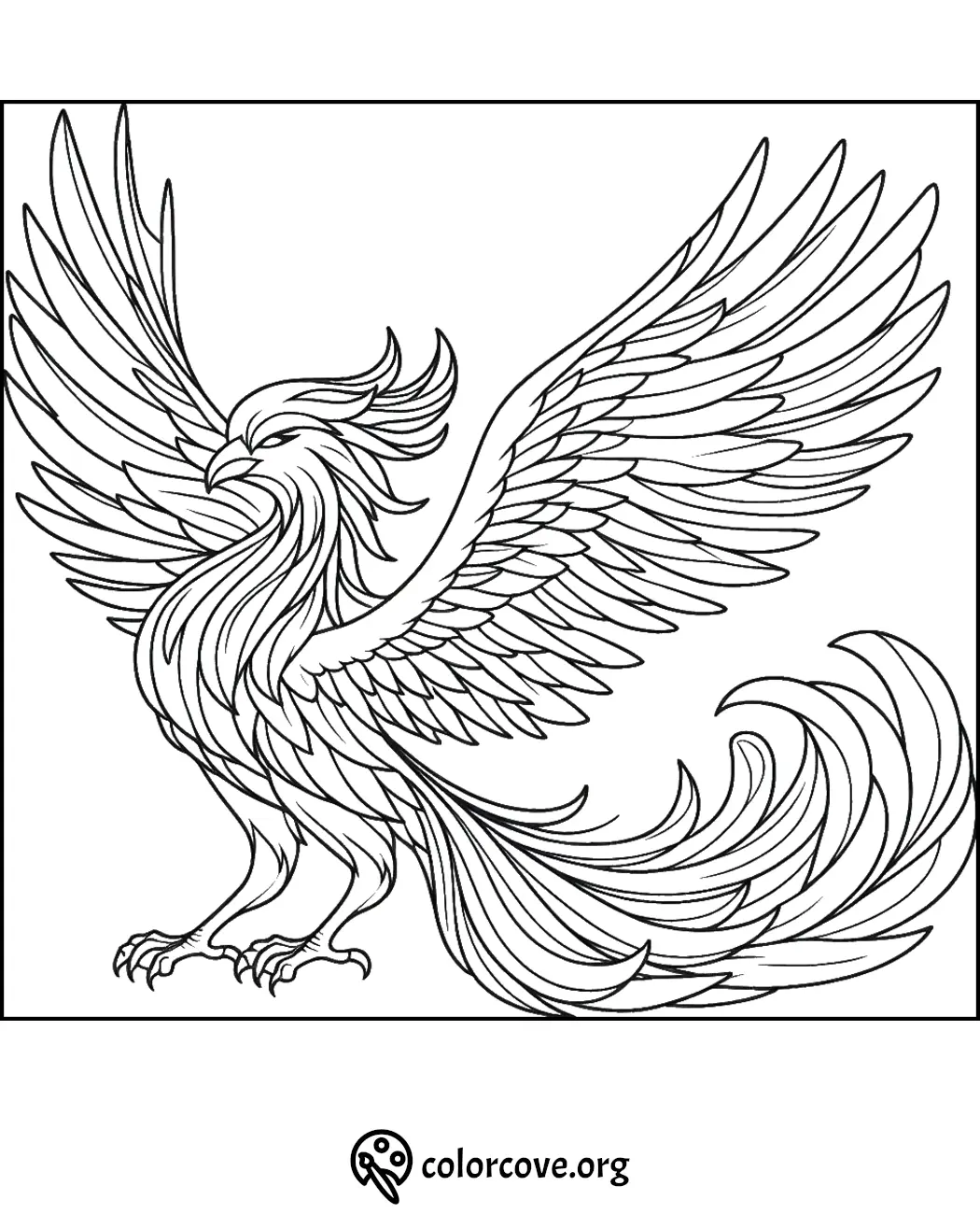 Intricate phoenix coloring page with detailed wings and tail, perfect for kids and adults to color and enjoy.