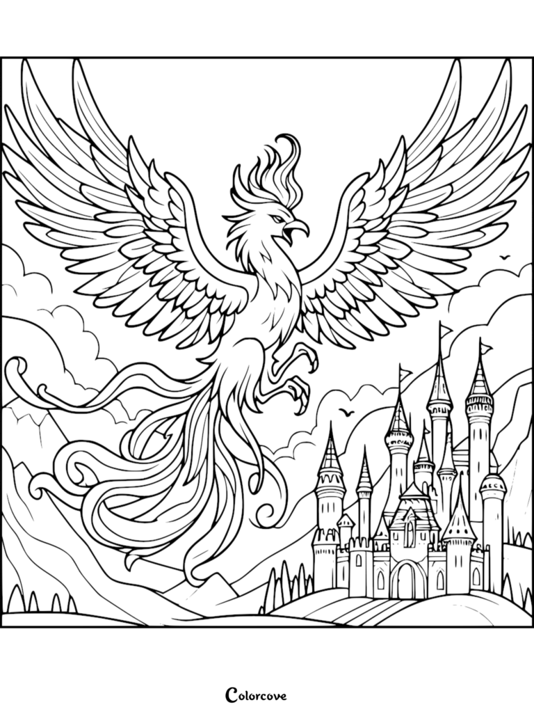 A detailed coloring page featuring a majestic phoenix with expansive wings soaring above a medieval castle with tall turrets.