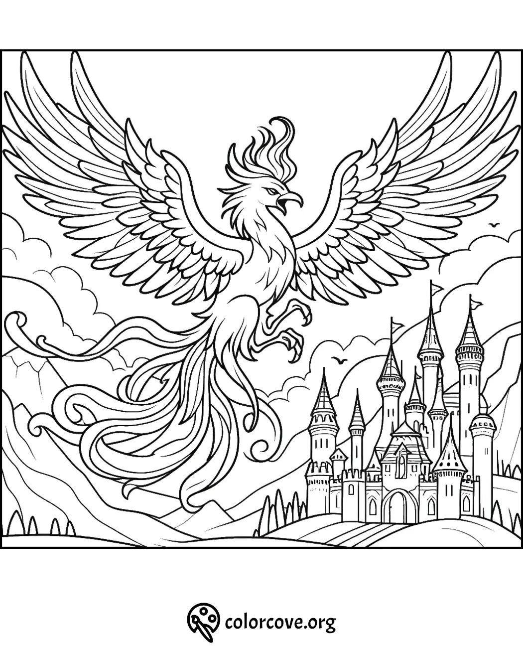 Coloring page depicting a majestic phoenix soaring over a fairytale castle with mountains and clouds in the background.