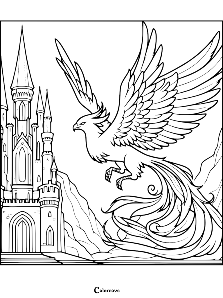 A majestic phoenix with long flowing tail feathers soaring past a tall gothic castle, detailed line art coloring page.
