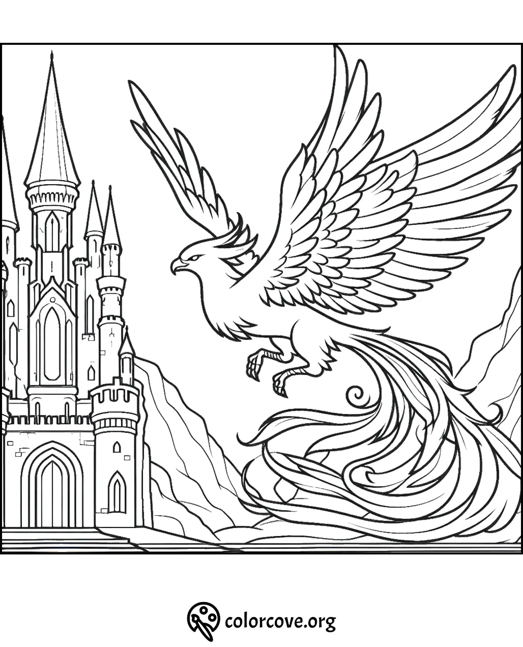 Fantasy castle and majestic phoenix coloring page, perfect for kids and adults. Download at colorcove.org.