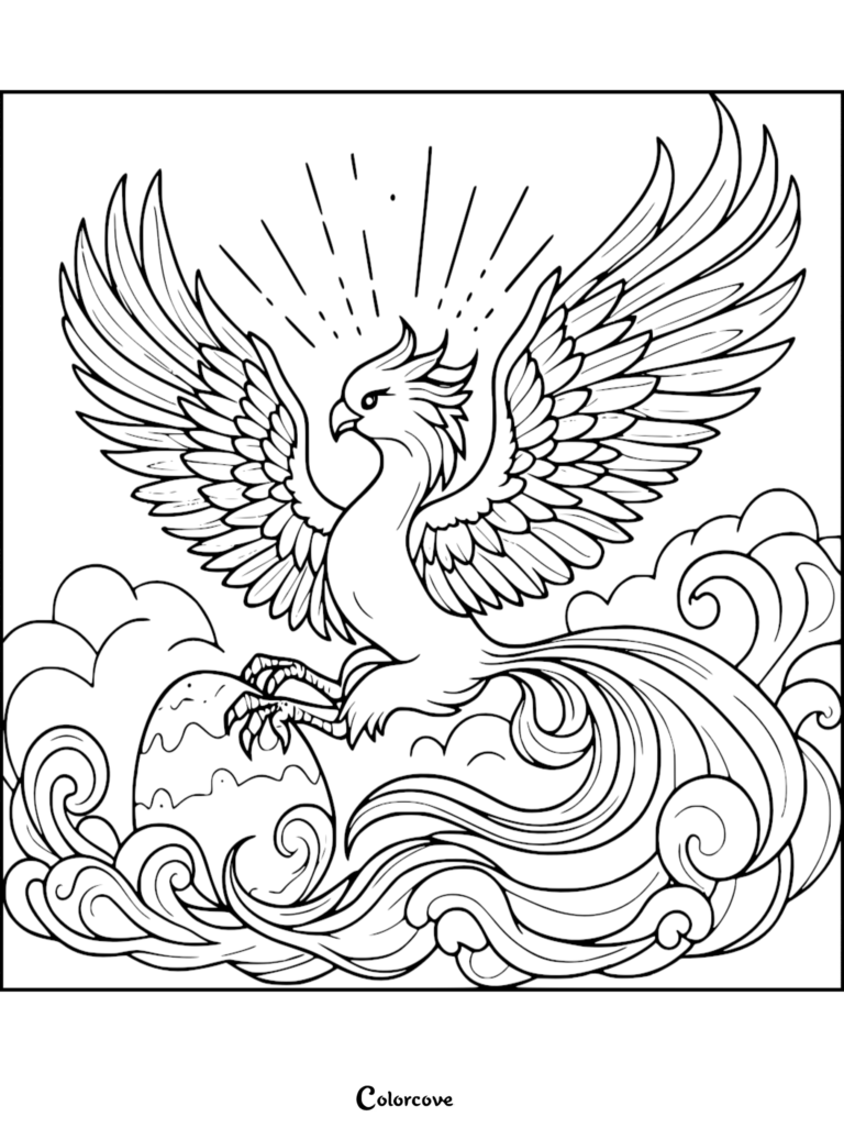 A majestic phoenix with large, detailed wings spread wide, perched above a patterned egg amidst swirling clouds in this printable coloring page.