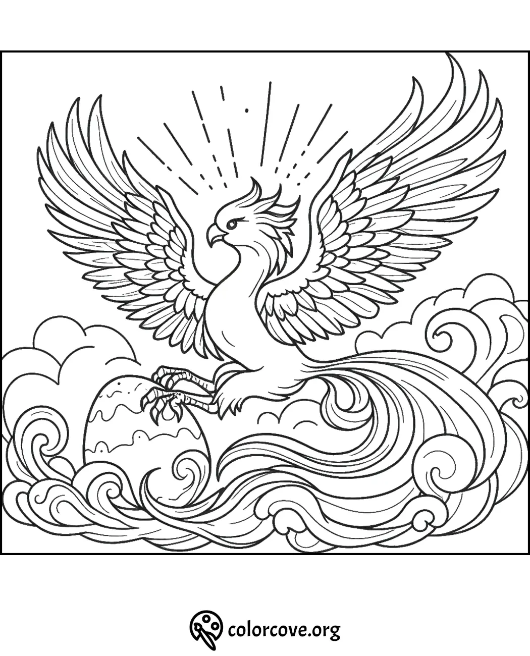 Phoenix rising from waves coloring page with an egg, fantasy bird with open wings, printable art from colorcove.org.