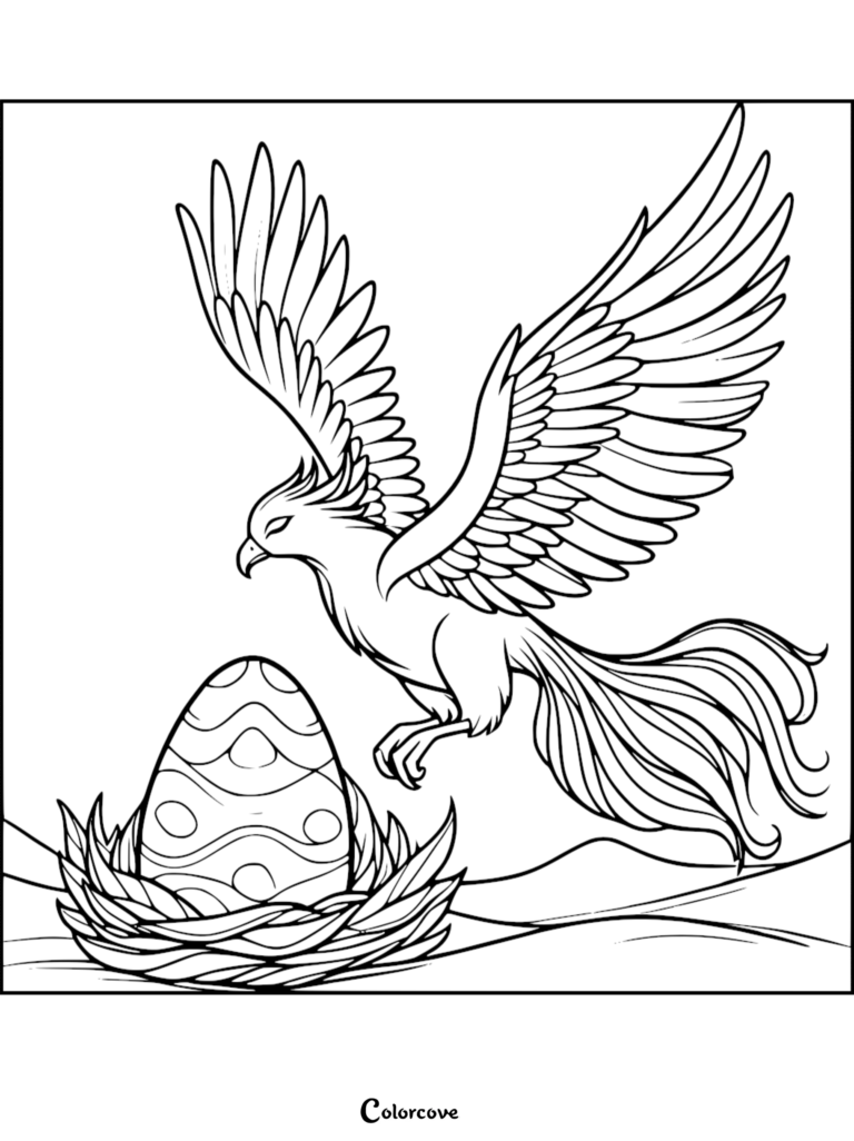 A majestic phoenix with long flowing tail feathers hovering over a patterned egg in a nest, printable coloring page.