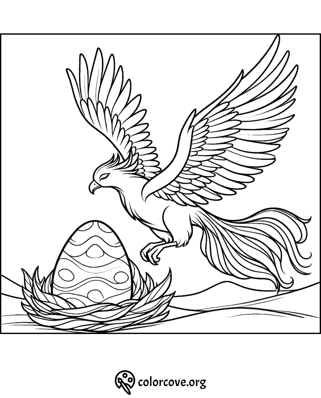 Phoenix hovering above a nest with an egg, ready to land. Printable coloring page from ColorCove.org.