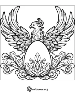 Phoenix coloring page with intricate details, featuring a majestic bird with spread wings over floral designs.