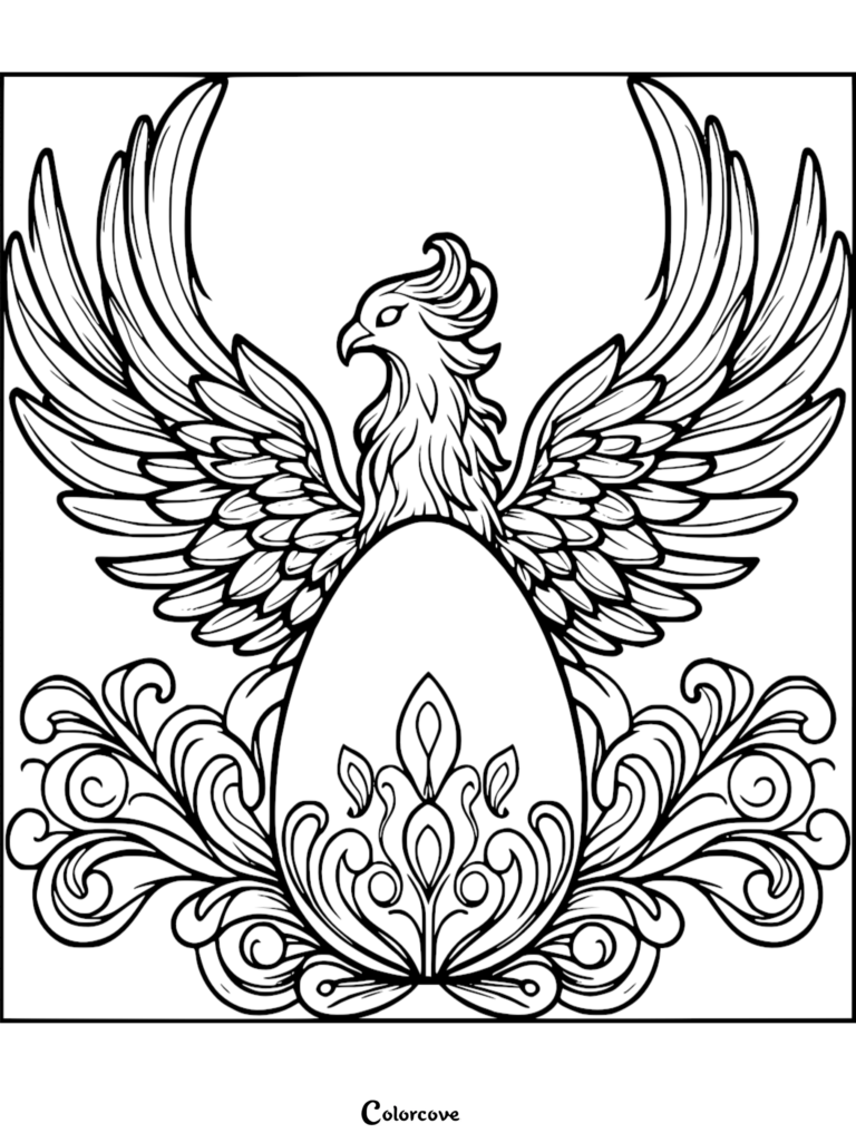 A majestic phoenix with spread wings perched behind a large, ornate egg in this detailed line art coloring page.