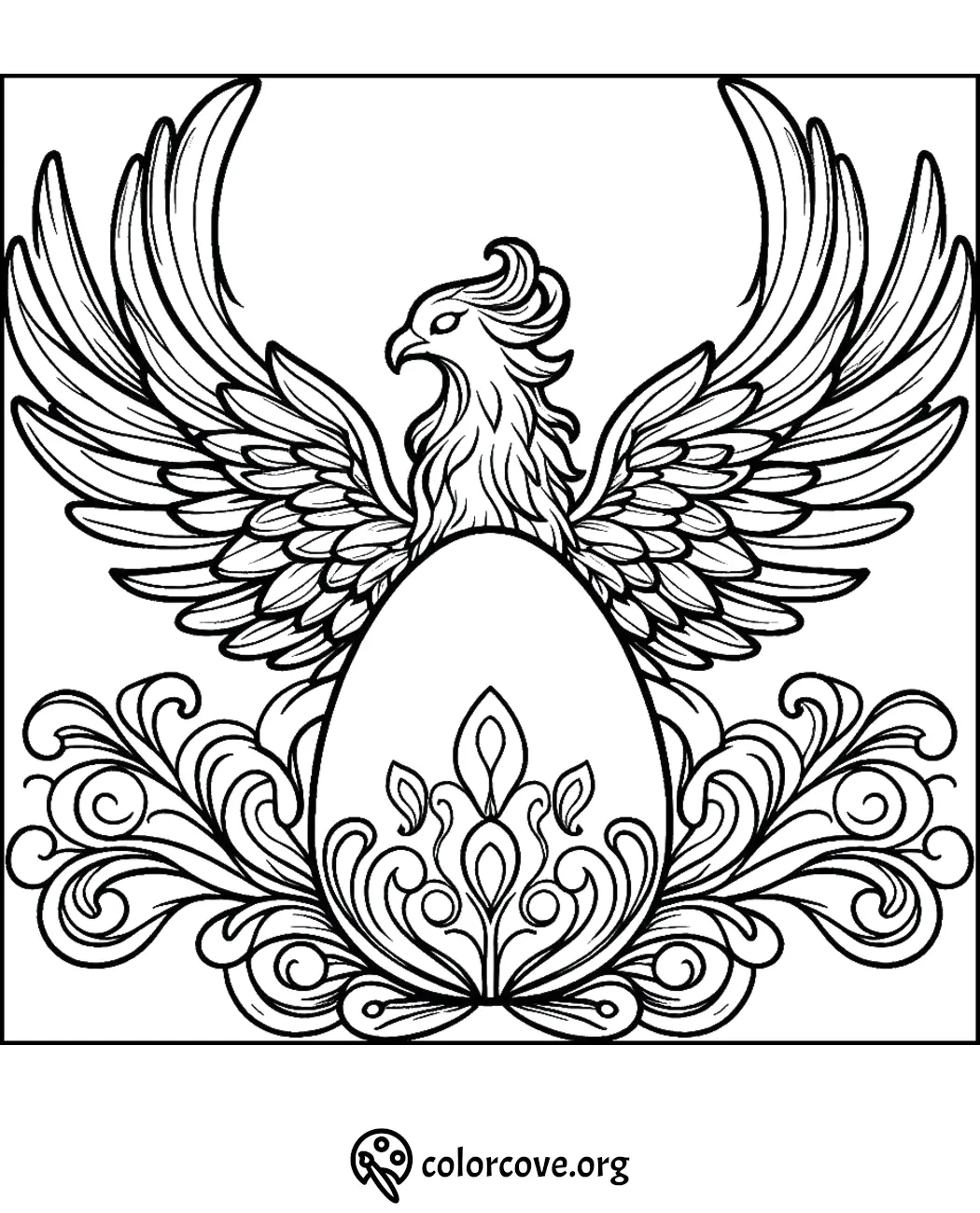 Phoenix coloring page with intricate details, featuring a majestic bird with spread wings over floral designs.