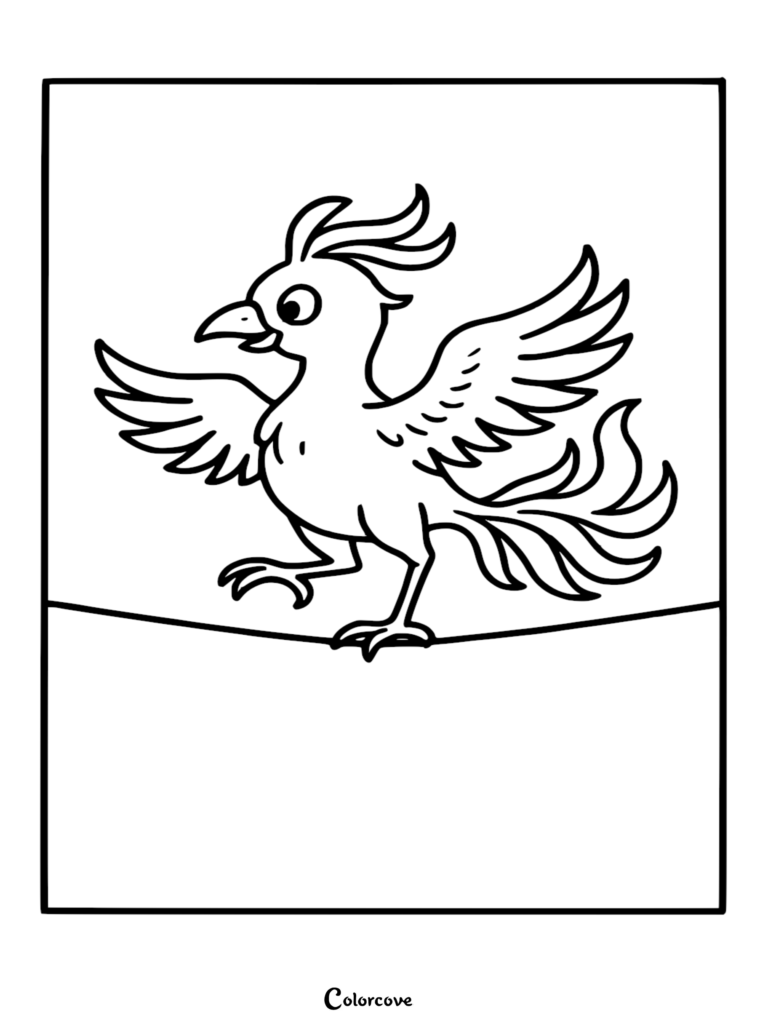 A simple line art coloring page featuring a cartoon phoenix with a crested head and flowing tail feathers perched on a line.