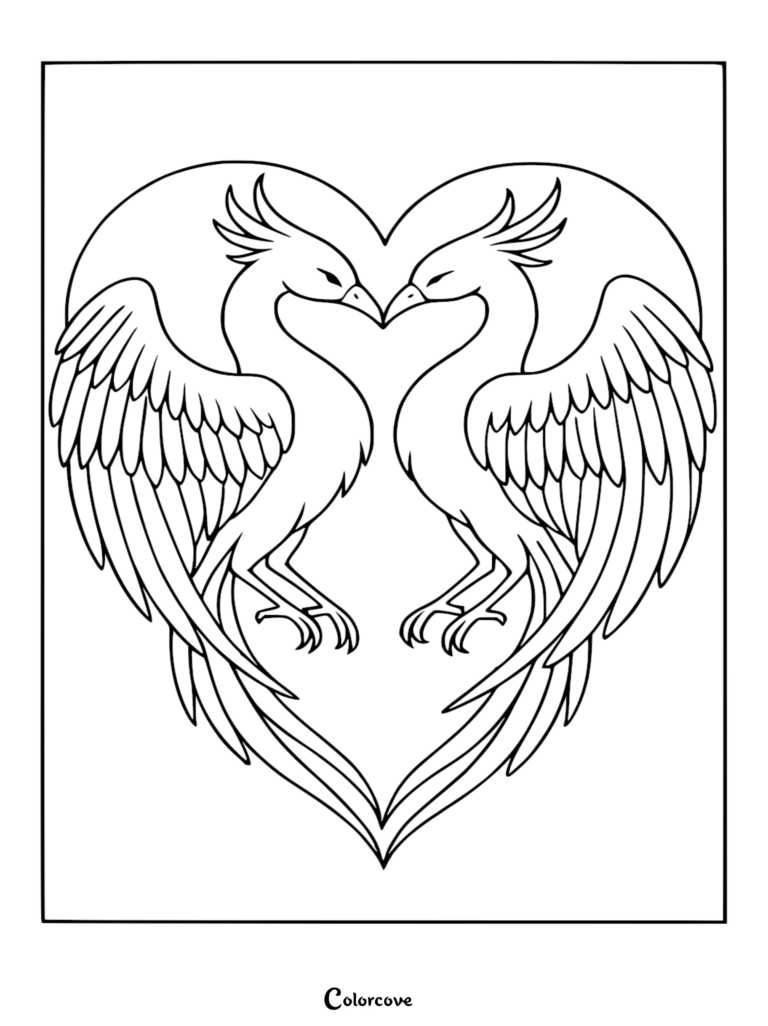 A printable coloring page featuring two elegant phoenixes facing each other with their wings and tails forming a heart shape.