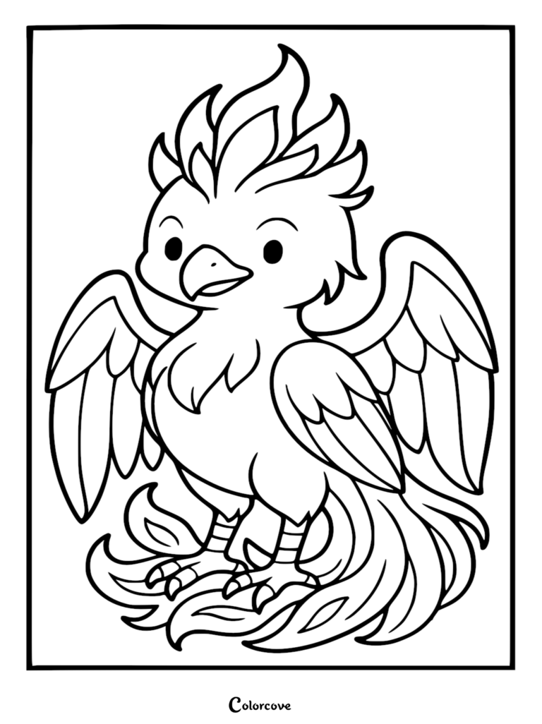 A cute baby phoenix with flame-like feathers and wings spread wide in this printable coloring page.