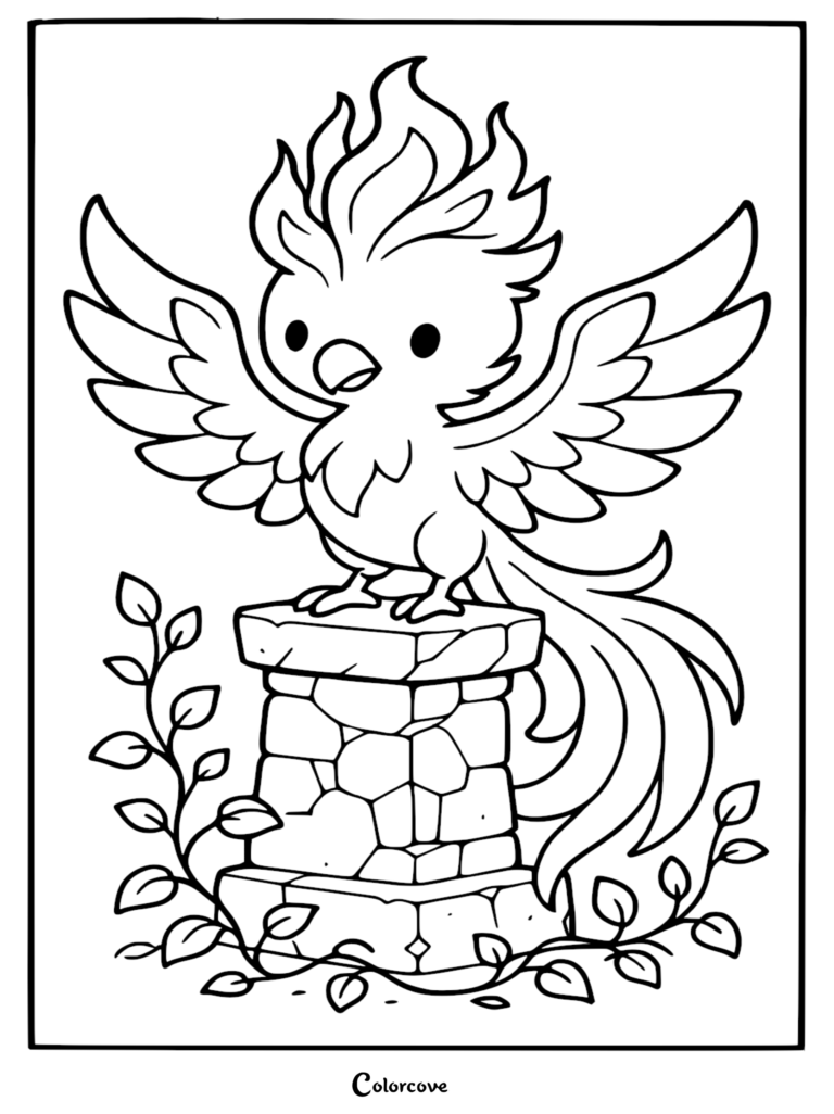 A cute chibi phoenix with flame-like crest feathers perched on a stone pedestal surrounded by vines in this printable coloring page.