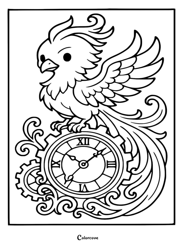 A cute chibi phoenix perched on a mechanical clock gear, featuring intricate feathers and scrollwork in this printable coloring page.