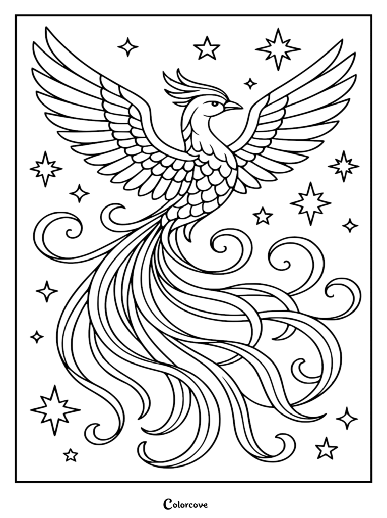 A majestic phoenix with expansive wings and long, flowing tail feathers surrounded by twinkling stars in this printable coloring page.