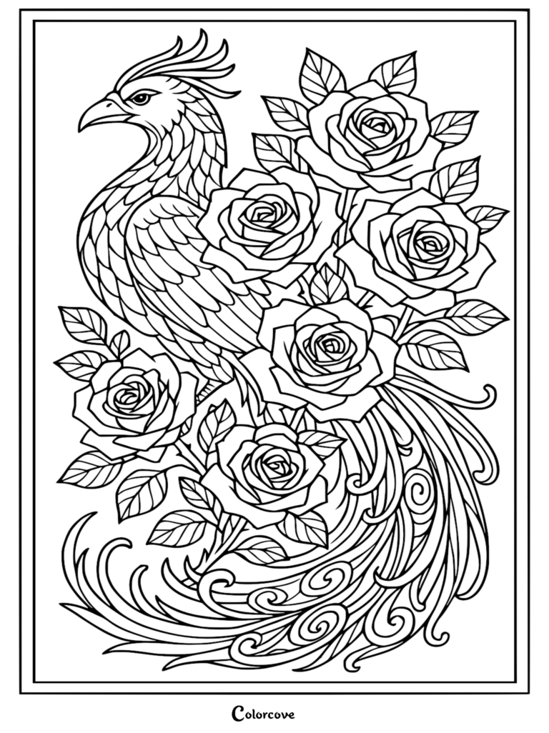 A detailed phoenix coloring page featuring a majestic bird with a long, flowing tail surrounded by blooming rose flowers and leaves.