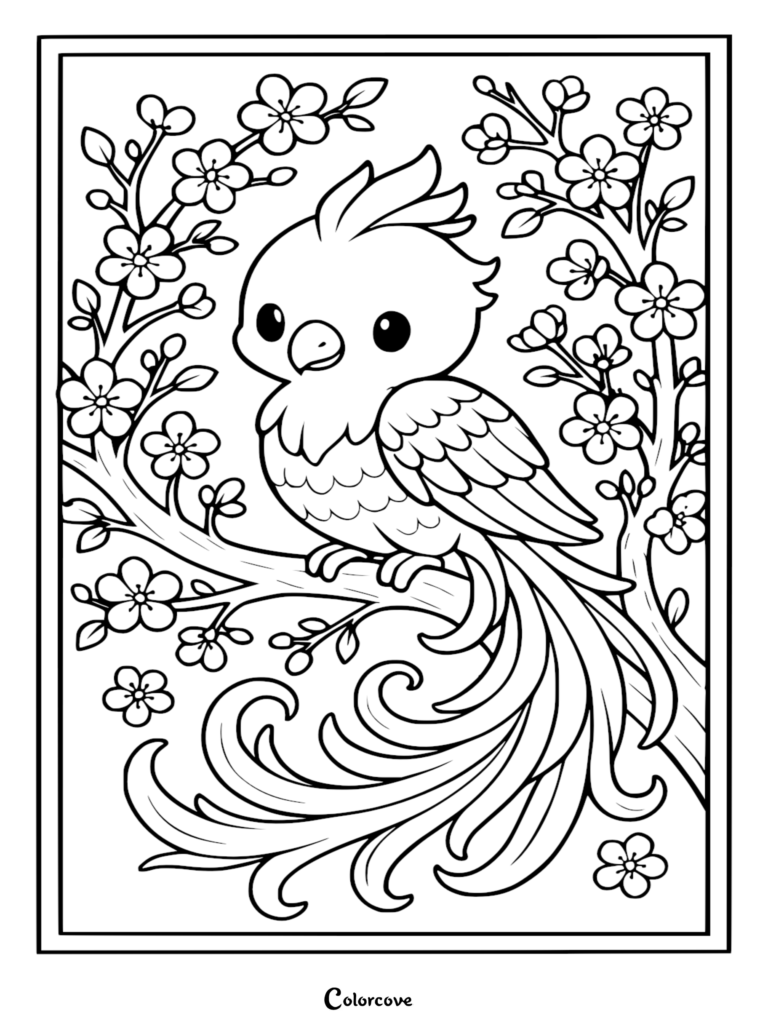 A cute baby phoenix with a crested head and long flowing tail feathers perched on a cherry blossom branch in this printable coloring page.