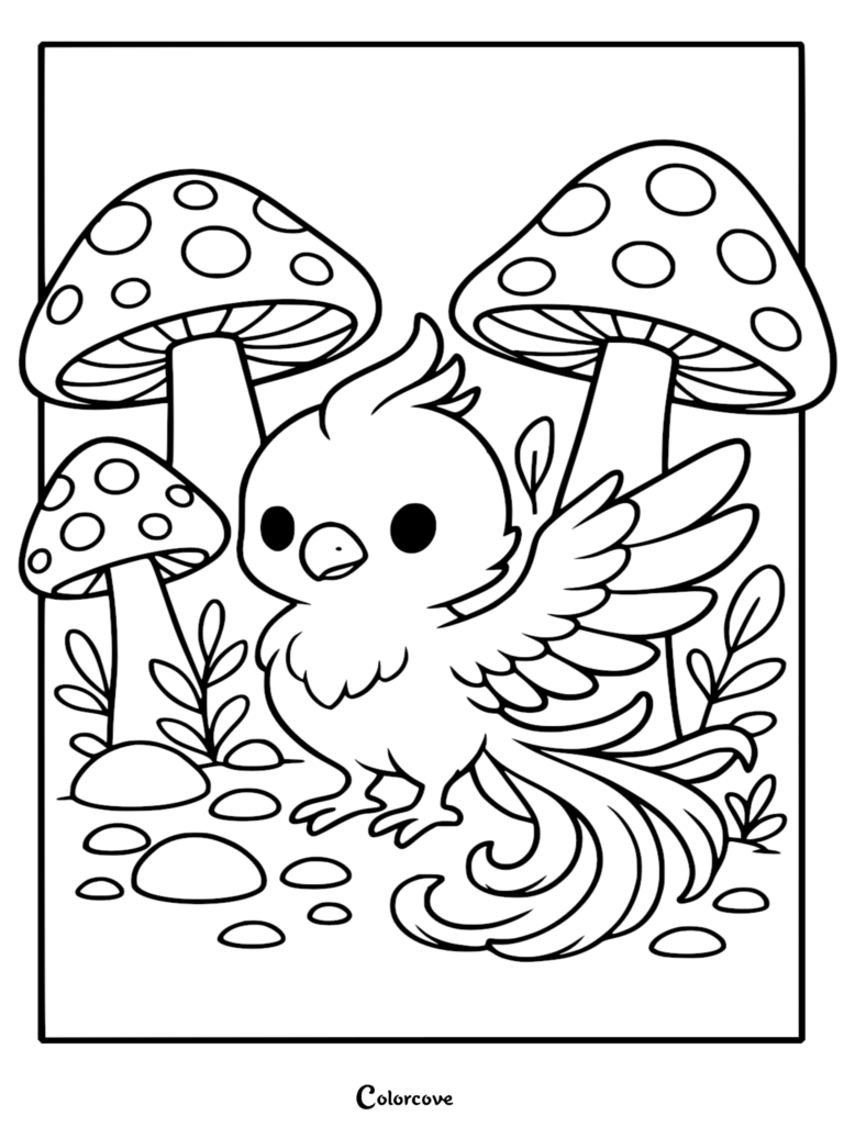 A cute baby phoenix standing in a forest with large spotted mushrooms in this printable coloring page.