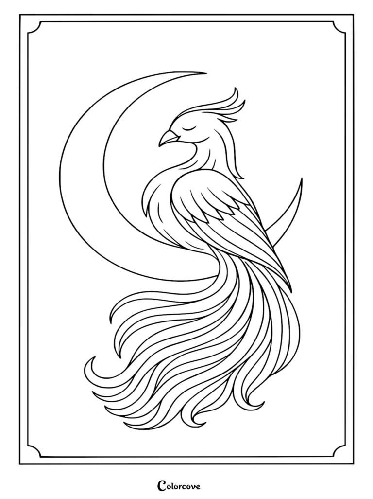 A serene phoenix with long flowing tail feathers perched in front of a crescent moon in this printable coloring page.