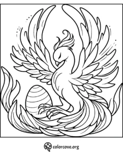 Phoenix coloring page with an egg, intricate feather details, free printable for kids and adults at colorcove.org.