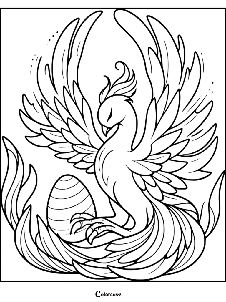 A majestic phoenix with large, spread wings standing over a striped egg in a nest, presented as a clean line art coloring page.