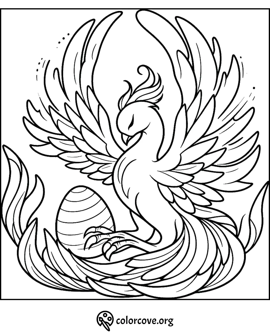 Phoenix coloring page with an egg, intricate feather details, free printable for kids and adults at colorcove.org.