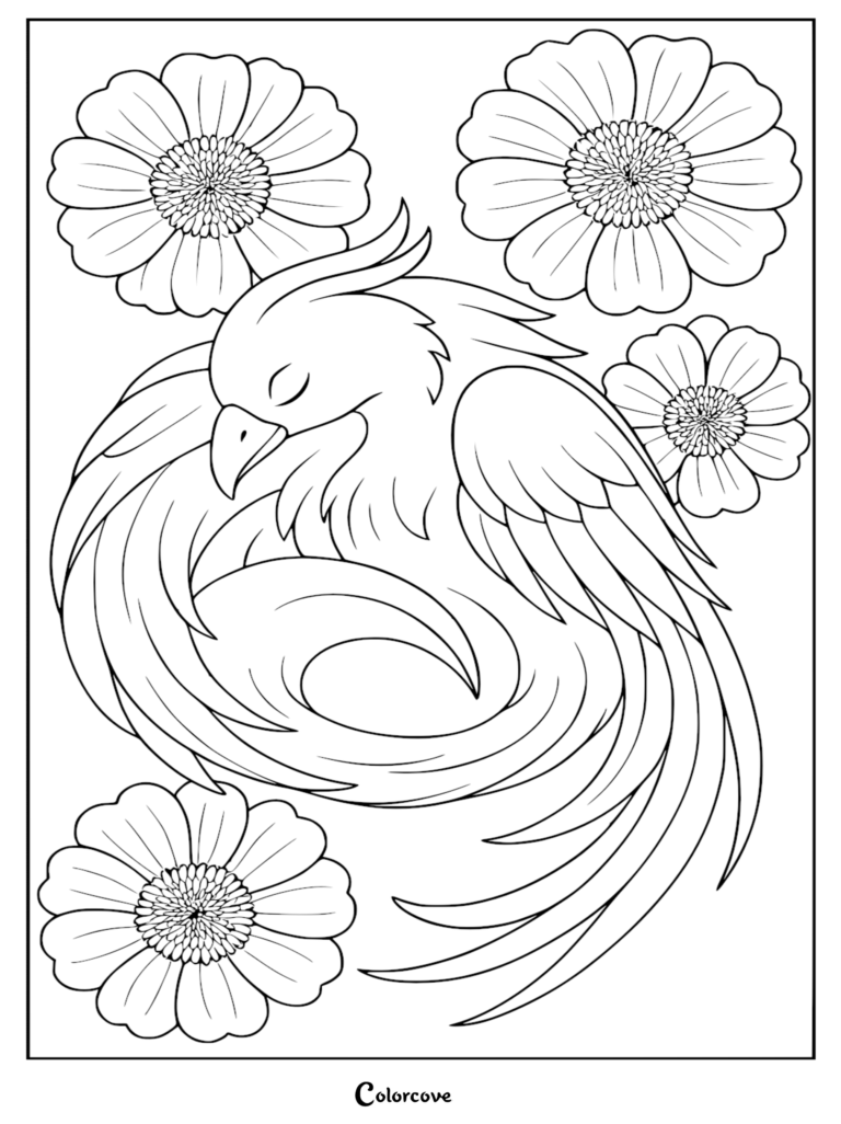 A peaceful phoenix sleeping curled up among large blooming flowers in this printable coloring page.