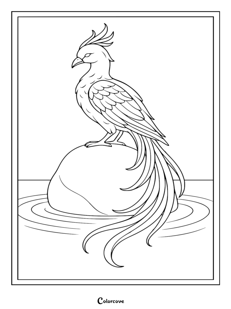 A majestic phoenix with a long, flowing tail perched on a smooth rock in the water, line art coloring page.