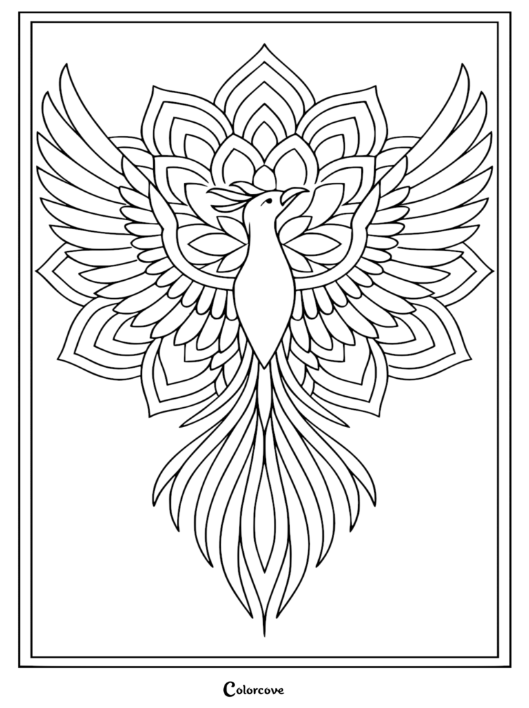 A majestic phoenix with wings spread wide against a symmetrical floral mandala background in this printable coloring page.