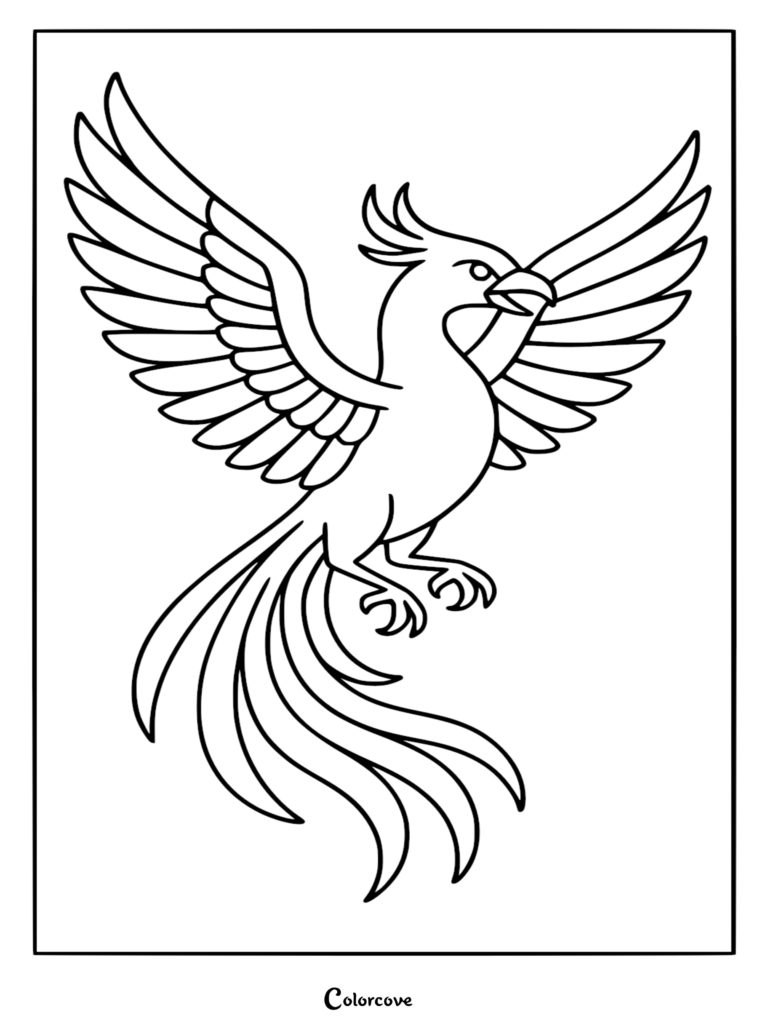 A simple line art coloring page featuring a phoenix with large outstretched wings and long flowing tail feathers.