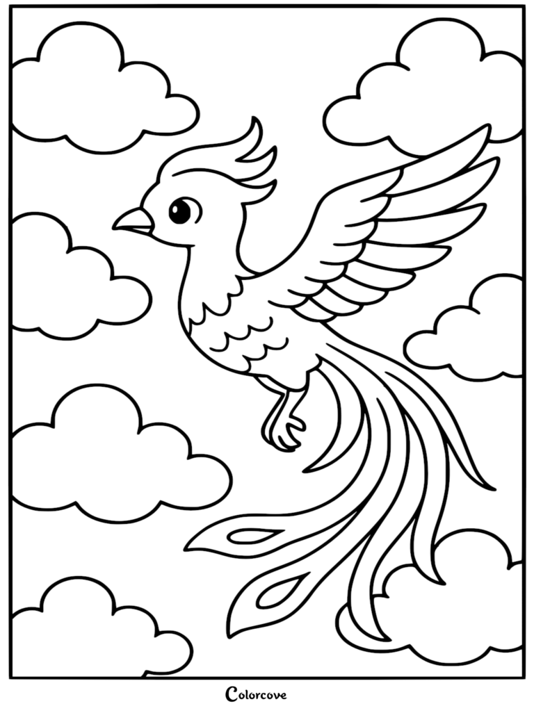 A cute phoenix with a long flowing tail flying through fluffy clouds in this printable coloring page.
