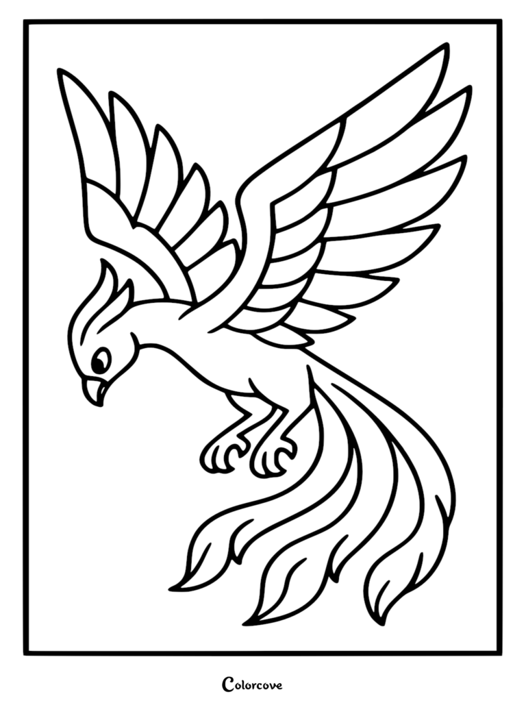 A majestic phoenix with large wings and flowing tail feathers in a simple line art coloring page style.