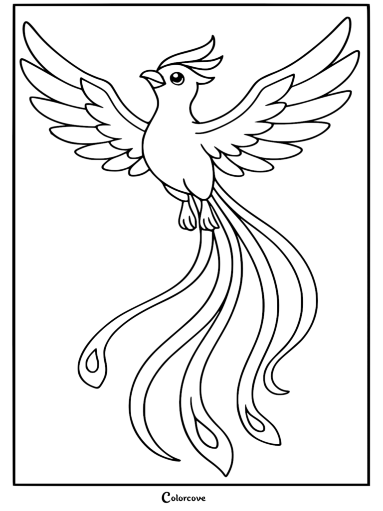 A simple line art coloring page featuring a mythical phoenix with wide wings and long, flowing tail feathers.