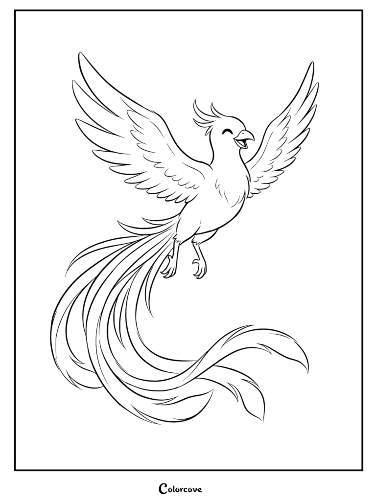 A cute phoenix with a long flowing tail and spread wings in a simple line art coloring page style.